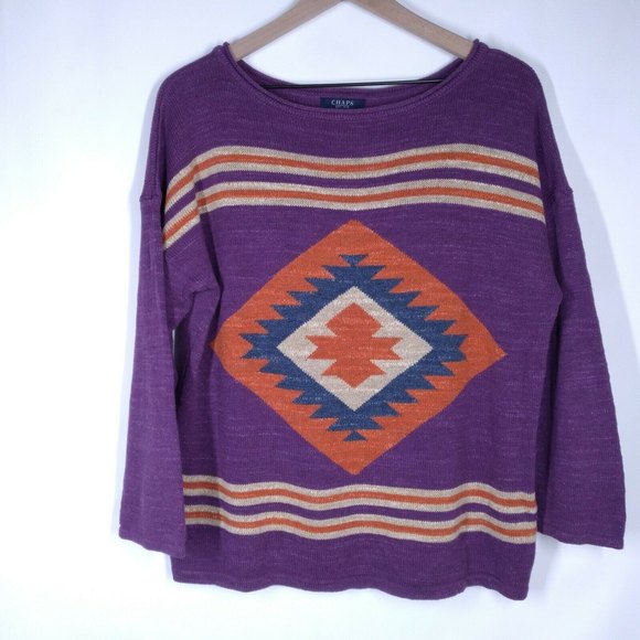 Chaps Sweaters - CHAPS Ralph Lauren woman's southwest pullover sweater purple 100% cotton XL